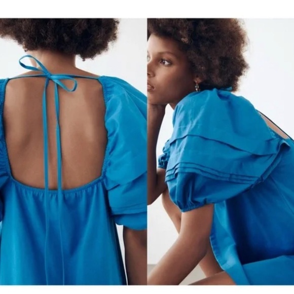 Zara puff sleeve tie in the back blue dress size medium - Picture 3 of 5